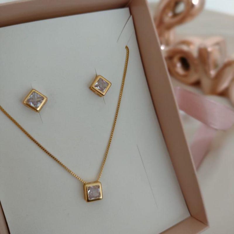 CONJUNTO VENEZIANA PEDRA ZIRCONIA QUADRADA 7MM