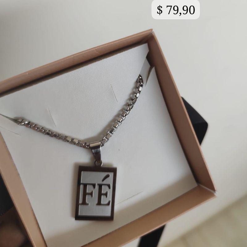 CORRENTE MASCULINA ELO TIJOLINHOS JUNTOS EM AÇO E PINGENTE FE