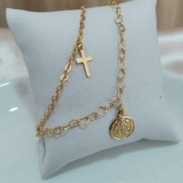 PULSEIRA 2 EM 1 ELO PORTUGUES COM CRUZ E CORAÇÃO ENTRELAÇADOS E PINGENTE DE SÃO BENTO