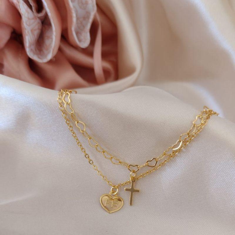 PULSEIRA 2 EM 1 ELO PORTUGUES E CORAÇÕES ENTRELAÇADOS PINGENTE CRUZ E CORAÇÃO FÉ