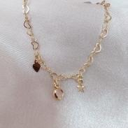 PULSEIRA DE CORAÇÕES ENTRELACADOS PINGENTE PLACA DE CORAÇÃO E ESTRELA E PONTO DE LUZ ROSA