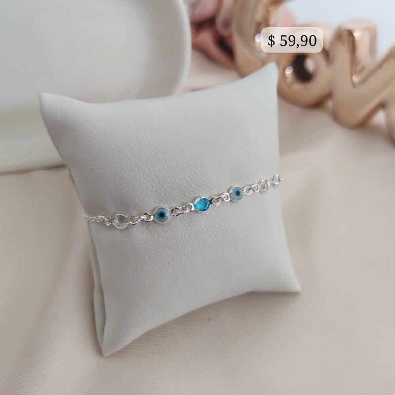 PULSEIRA DE OLHO GREGO E PEDRAS DE ZIRCONIA, AZUL B. PRATA 925