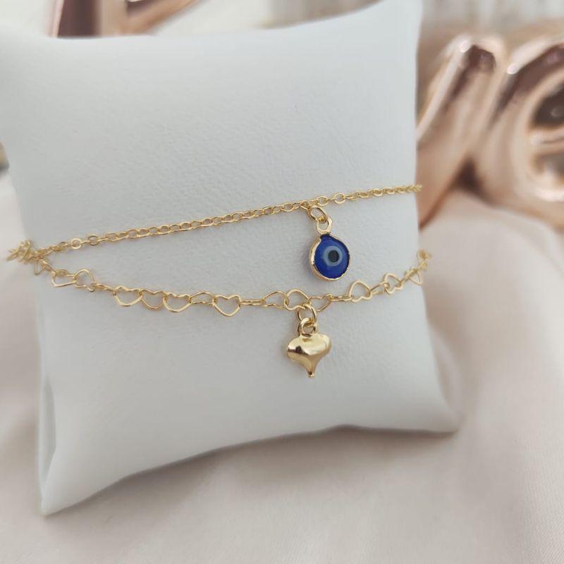 PULSEIRA DUPLA ELO PORTUGUES E CORAÇÃO ENTRELAÇADOS OLHO GREGO E CORAÇÃO BOLEADO