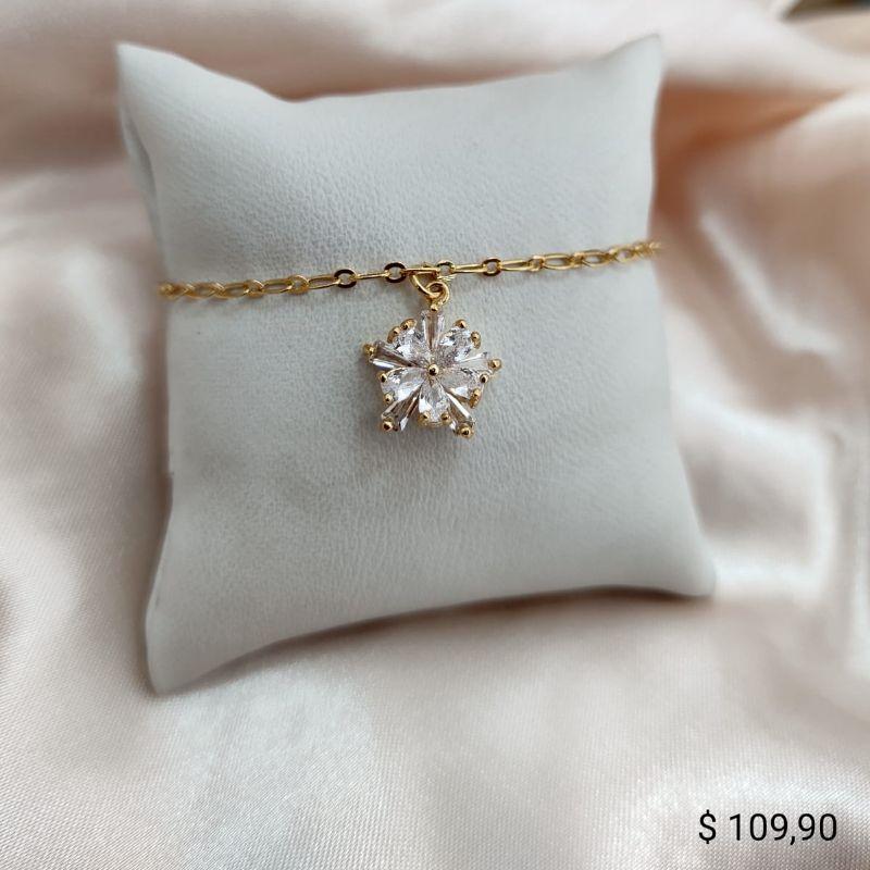 PULSEIRA ELO OVAL COM PINGENTE FLOR CRAVEJADO ZIRCONIA