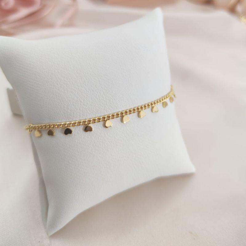 PULSEIRA ELO PORTUGUES E ELO GROUMET COM MINI PLACAS DE CORAÇÃO