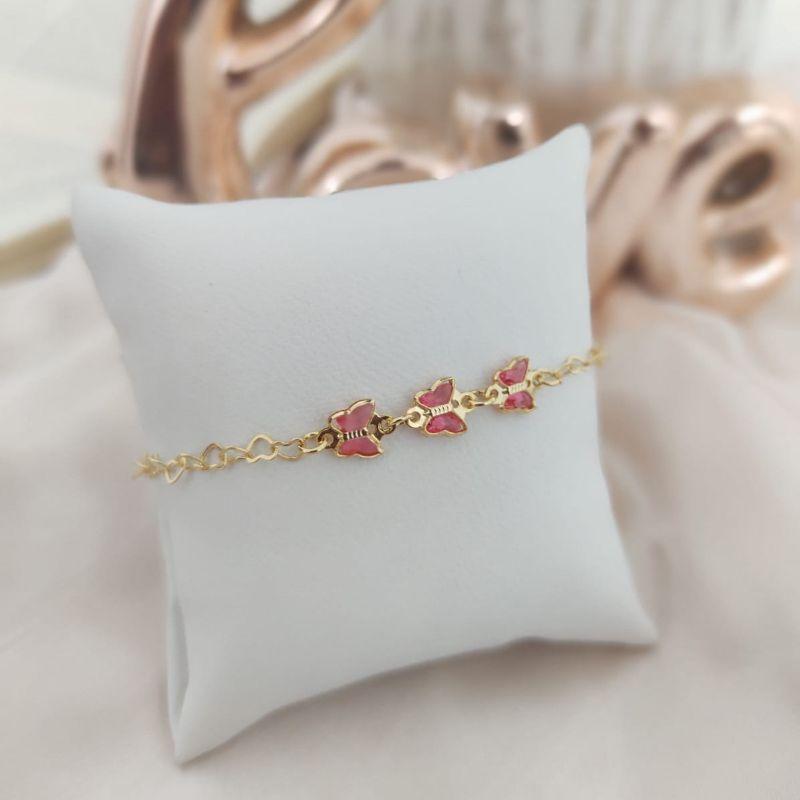 PULSEIRA INFANTIL ELO PORTUGUES COM 3 BORBOLETAS ROSA