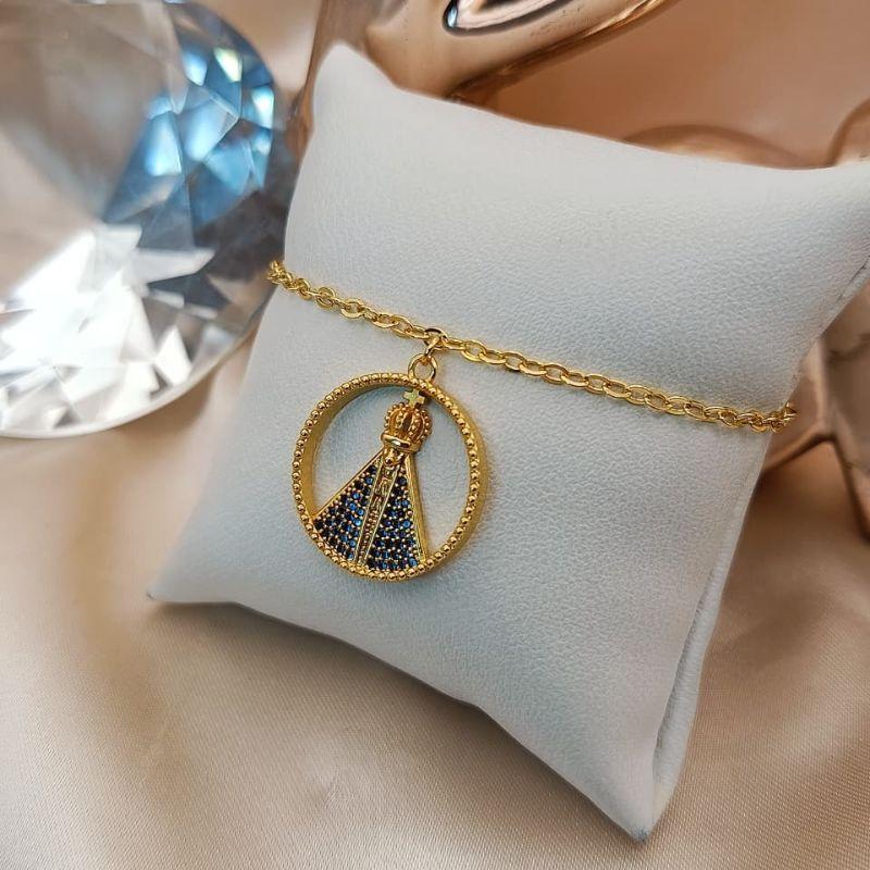 PULSEIRA NOSSA SENHORA APARECIDA REDONDA CRAVEJADO EM MICRO ZIRCONIA AZUL