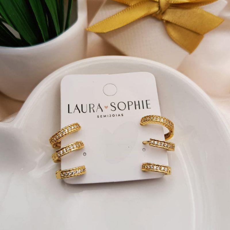 TRIO DE ARGOLAS COM 1 FILA CRAVEJADA EM MICRO ZIRCONIA E MICRO ESFERAS NAS BORDAS