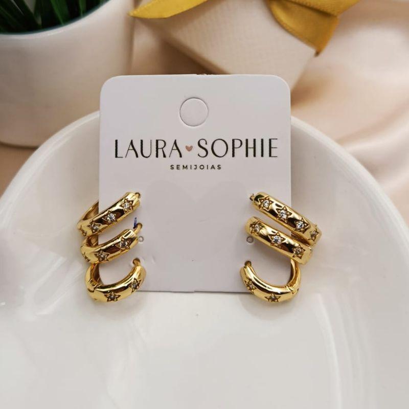 TRIO DE ARGOLAS COM 2 ESTRELAS NA FRENTE COM PEDRA DE ZIRCONIA NO MEIO