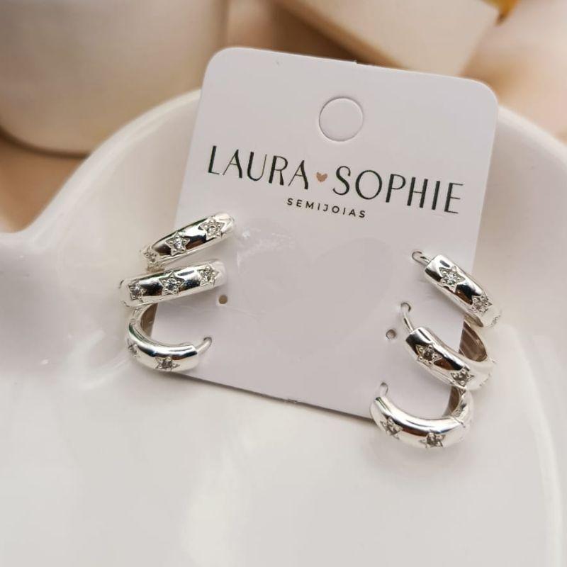 TRIO DE ARGOLAS COM 2 ESTRELAS NA FRENTE COM PEDRA DE ZIRCONIA NO MEIO