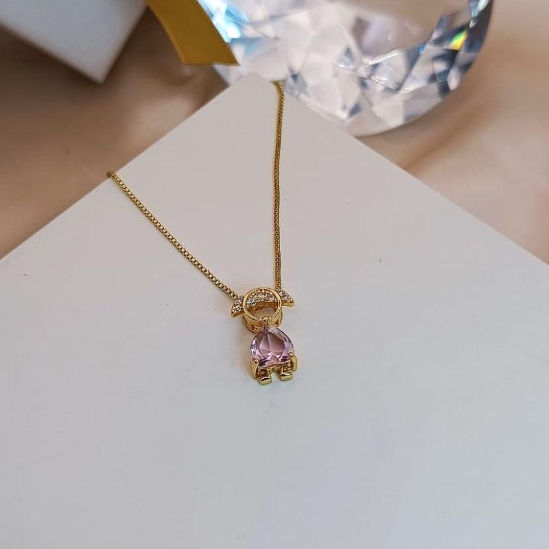 COLAR MENINA COM CORAÇÃO ROSA CRAVEJADO EM MICRO ZIRCONIA