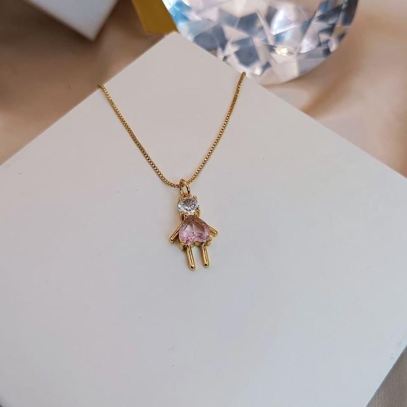 COLAR MENINA COM CORAÇÃO ROSA E PEDRA DE ZIRCONIA