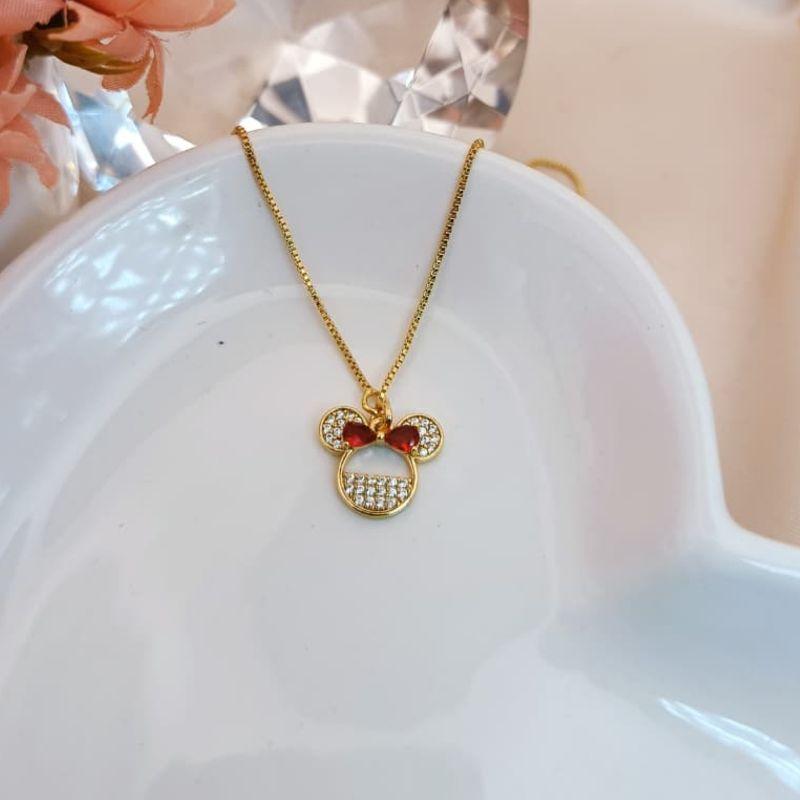 COLAR MINNIE CRAVEJADO EM MICRO ZIRCONIA E LAÇO VERMELHO COM PEDRA DE ZIRCONIA
