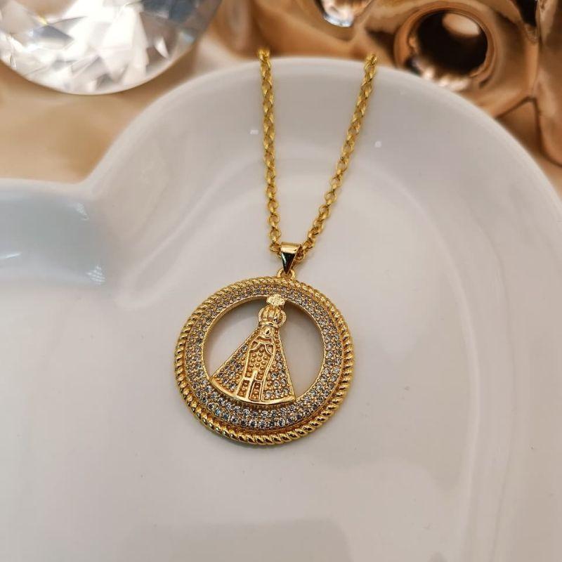 COLAR NOSSA SENHORA REDONDO CRAVEJADO EM MICRO ZIRCONIA