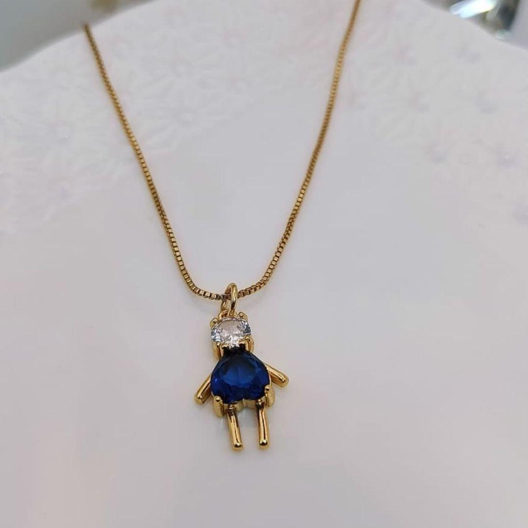COLAR MENINO COM CORAÇÃO AZUL E PEDRA DE ZIRCONIA