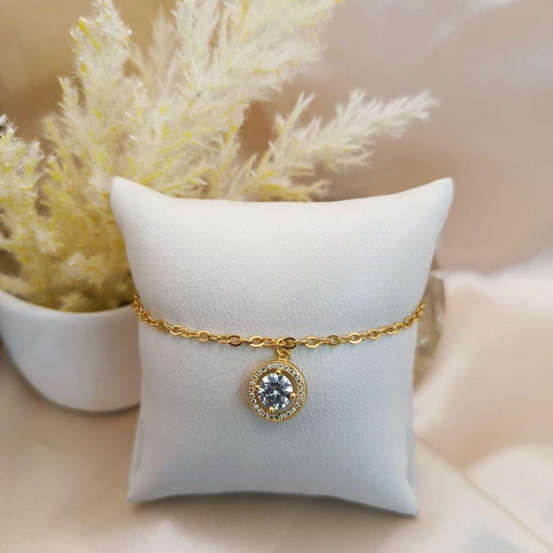 PULSEIRA COM PINGENTE REDOMDO E PEDRA NO MEIO CRAVEJADO EM MICRO ZIRCONIA AO REDOR